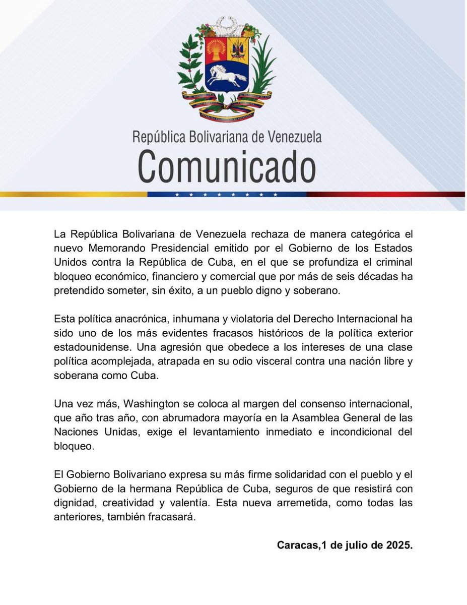 FMC_Cuba's tweet photo. 🇨🇺Agradece al gobierno y pueblo de #Venezuela por su rechazo al nuevo Memorando Presidencial del gobierno de #EEUU contra #Cuba que recrudece el bloqueo genocida al pueblo cubano.
#CubaVencerá 
#TumbaElBloqueo 
#MujeresEnRevolución https://t.co/sJkRsWNp5Q