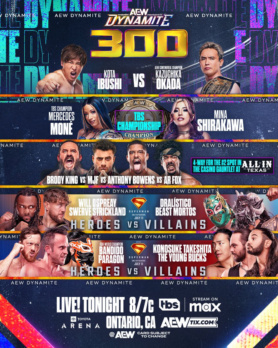 All Elite Wrestling (@aew) on Twitter photo AT THE TOP OF THE HOUR!
It's finally time for #AEWDynamite 300!
Make sure you're there LIVE right at 8/7c on <a href="/TBSNetwork/">TBS Network</a> + @SportsOnMAX, TONIGHT! AT THE TOP OF THE HOUR!
It's finally time for #AEWDynamite 300!
Make sure you're there LIVE right at 8/7c on <a href="/TBSNetwork/">TBS Network</a> + @SportsOnMAX, TONIGHT!