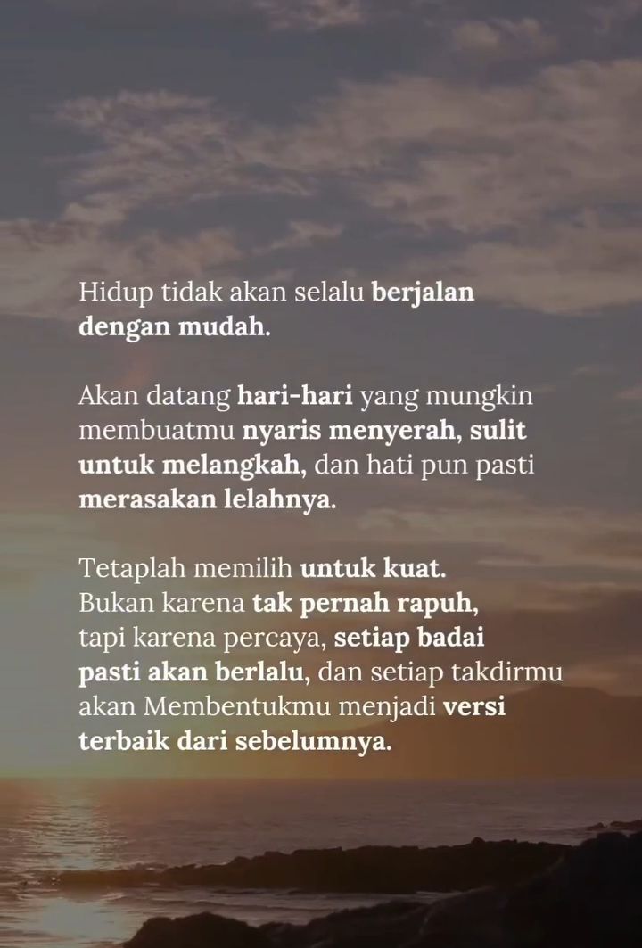 Allah memang tidak menjanjikan
hidup mudah, tapi Allah menjanjikan
disetiap kesulitan pasti ada kemudahan.
JALANI SAJA SETIAP PROSESNYA 🌹