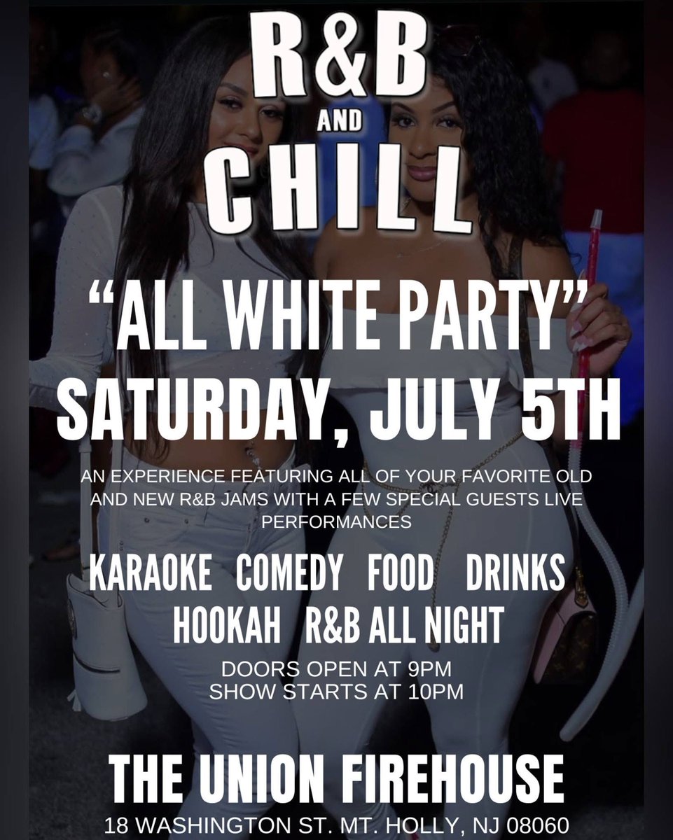 ToneRazz's tweet photo. THIS SATURDAY‼️ 

TABLES ARE ALMOST SOLD OUT‼️

⚪️⚪️ #AllWhite ⚪️⚪️
R&amp;B AND CHILL “ALL WHITE PARTY” ( Mt. Holly, NJ )

TICKET LINK: https://t.co/cj3wKNSMGo

https://t.co/zEdRtbJrmU https://t.co/vxKWMhmpa7