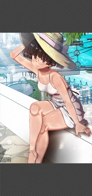 座敷わらしちゃん夏のバカンス。ヤマネコさんと同行しているのかな Zashiki-warashi enjoying summer vacation. She is accompanied by Yamaneko.