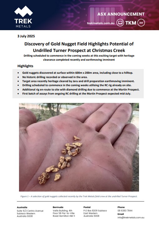 Trek Metals is pleased to advise that it has identified a new highly prospective and undrilled prospect at the Christmas Creek Gold Project which it is advancing rapidly towards drill testing. 

ow.ly/E12350Wk5JK

$TKM #ChristmasCreek #ASX #EIS #ExplorationIncentiveScheme