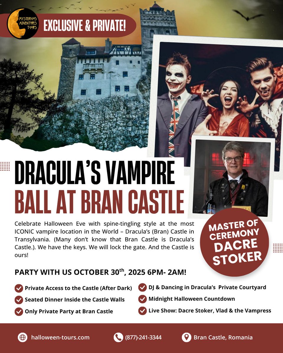 🦇 A one-night-only Vampire Ball at Bran Castle — and we’ve got EXCLUSIVE access. 🎃🏰

The night before Halloween, step into legend. No tour. Just one iconic party.

🎟️ LIMITED TIX: zurl.co/31DUU 
#DraculasCastle #BranCastle #PrivateEvent #VampireBall #HauntedTravel