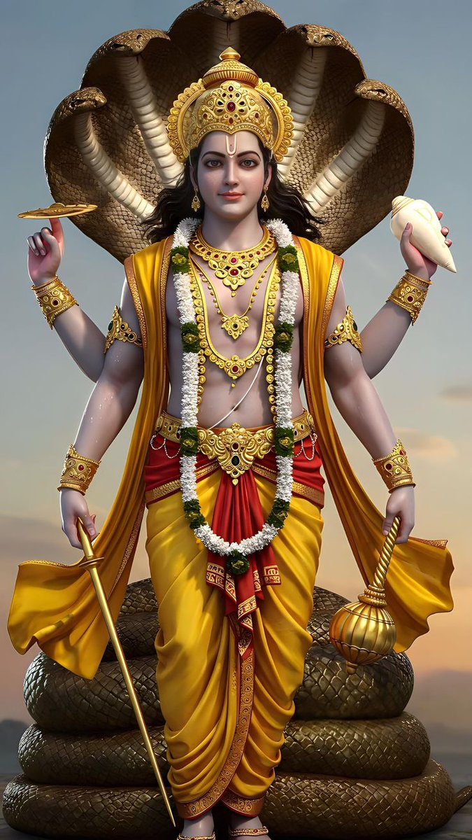 शान्ताकारं भुजगशयनं पद्मनाभं सुरेशं
विश्वाधारं गगनसदृशं मेघवर्णं शुभाङ्गम्।
लक्ष्मीकान्तं कमलनयनं योगिभिर्ध्यानगम्यम्
वन्दे विष्णुं भवभयहरं सर्वलोकैकनाथम्॥🚩

शेषनाग पर विराजमान, चार भुजाओं में चक्र, शंख, गदा और पद्म धारण करने वाले भगवान विष्णु — संपूर्ण सृष्टि के आधार,