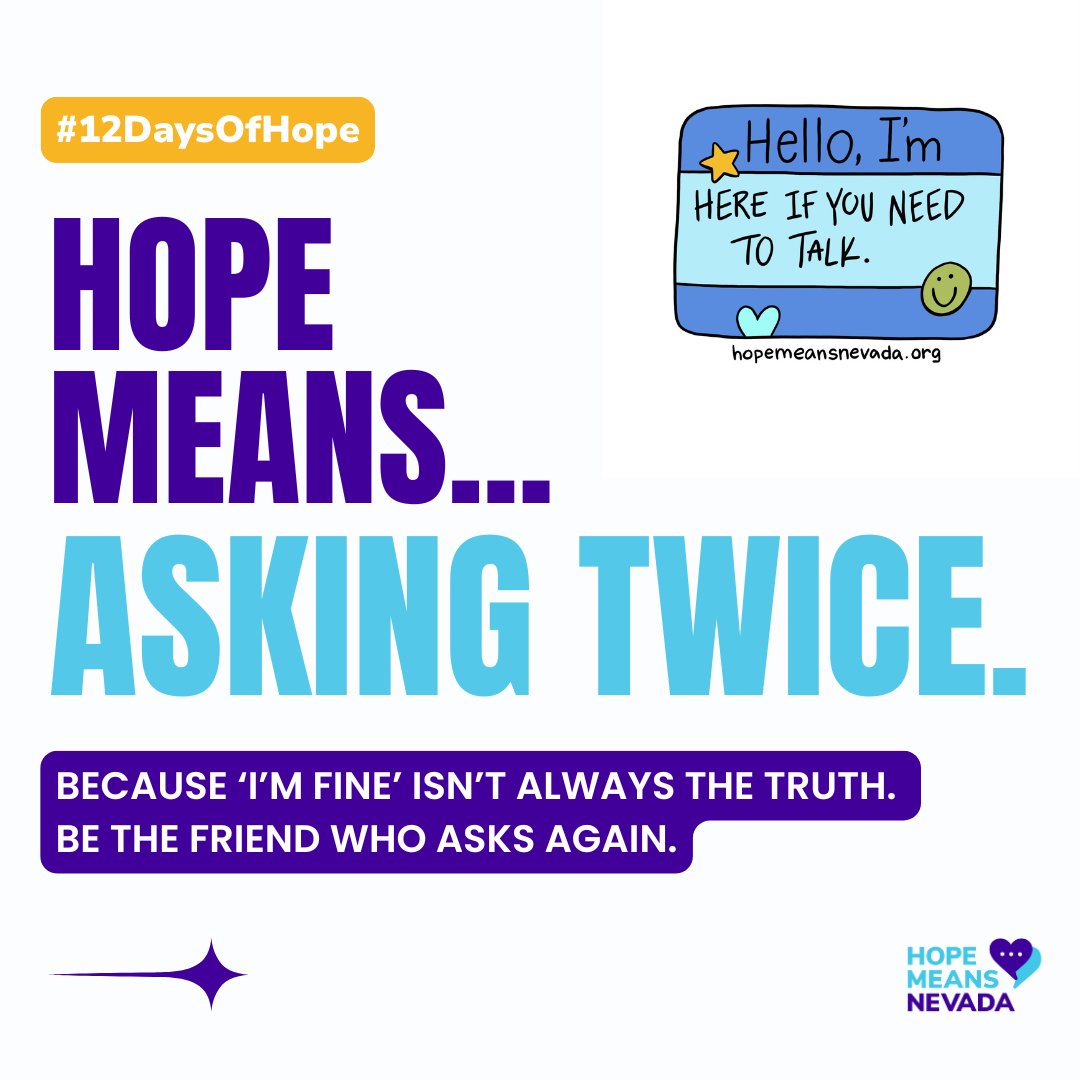 hopemeansnevada's tweet photo. It’s not enough to say “how are you?” - real care means checking in again and really listening.

✨ Hope is the spark that lights the darkest moments. Join us as we countdown to the First Annual International Day of Hope! #12DaysOfHope #HoldOntoHope https://t.co/3k5Q3kuRan