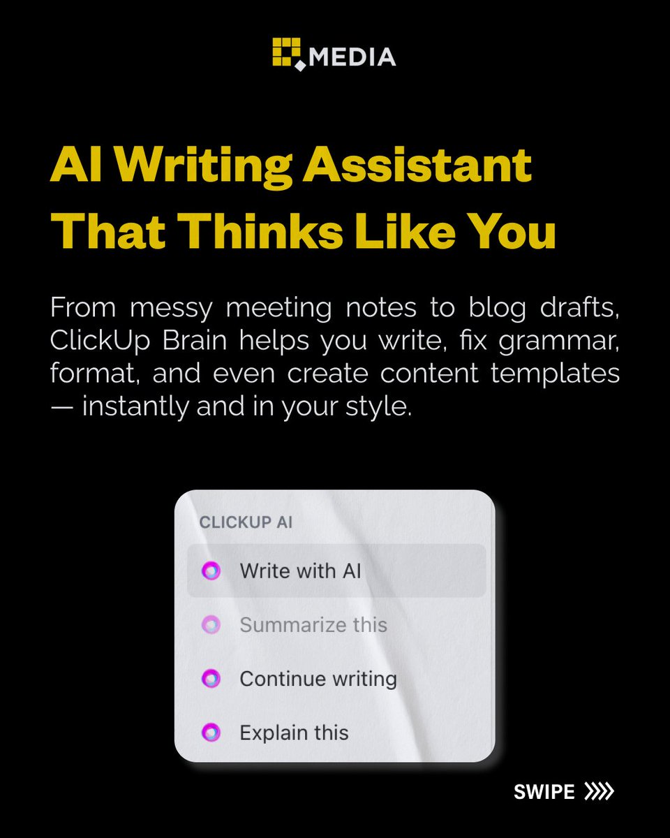 QMedia_SdnBhd's tweet image. Struggling with messy tasks and scattered notes? 😩
ClickUp AI brings everything together — notes, tasks, updates — all in one place and powered by smart automation.

#ClickUpAI #ProductivityTools #WorkSmarter #AIforWork #ClickUpBrain #TaskManagement #AIWorkspace #QubeMedia