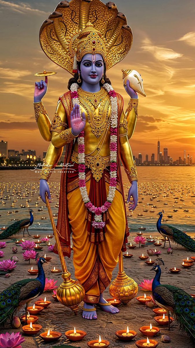 नमस्ते विष्णवे तुभ्यं वासुदेव नमोऽस्तु ते।
प्रभो भक्तानुकम्पाय कृपां कुरु मयि प्रभो॥🚩

🌺 ट्वीट –
शंख, चक्र, गदा, पद्मधारी प्रभु श्रीविष्णु
जिनके चरणों में समर्पण ही मोक्ष का मार्ग है।
कमल-सरोवर में दीपों की लौ और मोरों का नृत्य —
हर क्षण है आपका अर्पण।🙏

         🌸ॐ नमो भगवते