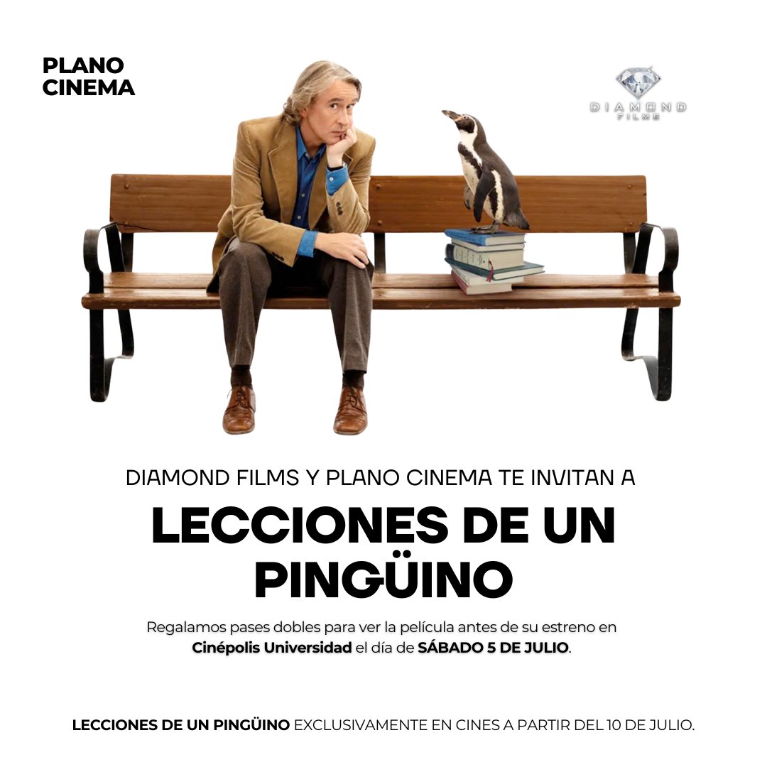 Plano_Cinema's tweet photo. 🎬 ¡GANA PASES DOBLES para la FUNCIÓN ESPECIAL de LECCIONES DE UN PINGÜINO antes de su estreno! 🐧✨

✅ Sigue a @Plano_Cinema y a @DiamondFilmsMex
✅ Comenta tu nombre completo
✅ Dale RT a esta publicación

La función será en Cinépolis Universidad el sábado 5 de julio.

#LeccionesDeUnPingüino #cinegratis #giveaway