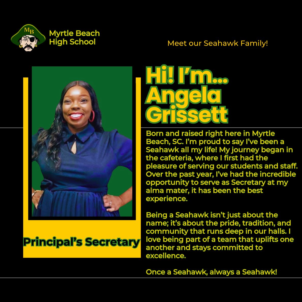 So excited for Angela to begin her new role on campus! She greets everyone with a smile and is an absolute joy to be around. Not only that, but as a Seahawk alum, her green and gold runs deep! Angela is a blessing to me, our students, campus and community in so many ways! 💚💛