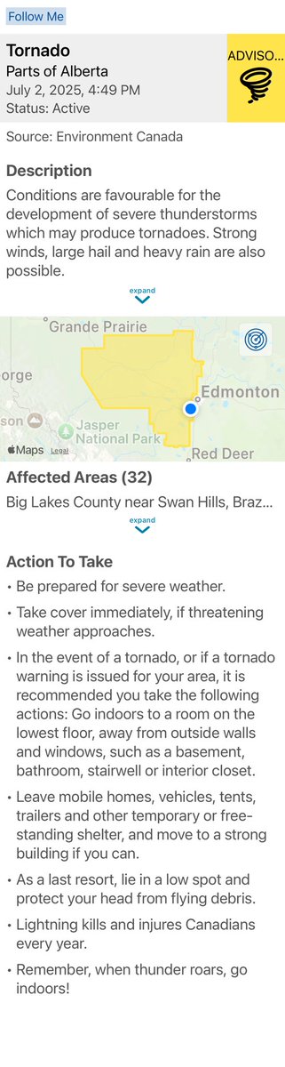 Shared: Tornado Alert - Parts of Alberta alberta.ca/emergencyalert
