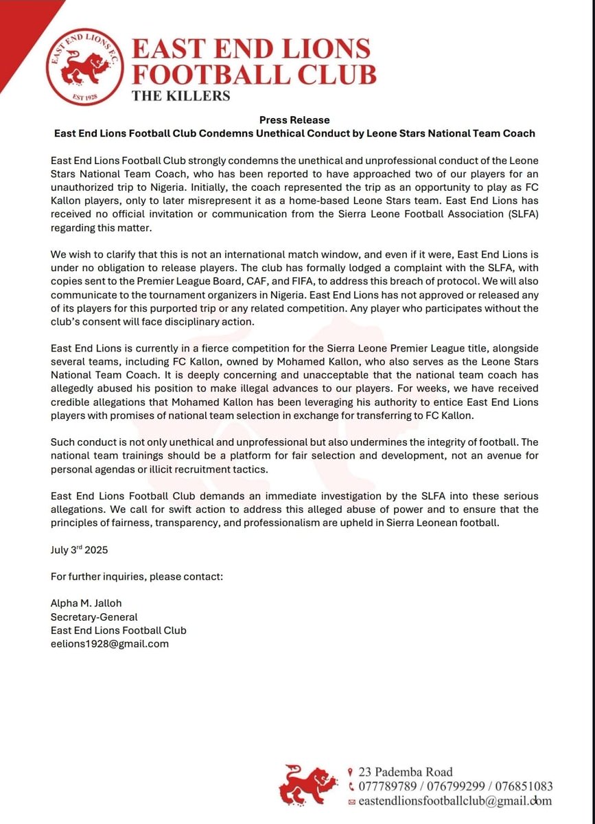 East END LIONS FC (@eelions) on Twitter photo East End Lions FC condemns unethical conduct by Leone Stars Coach Mohamed Kallon for unauthorized player approaches & alleged illegal recruitment tactics. We have lodged a formal complaint with <a href="/SLFA_sl/">Sierra Leone Football Association</a>. Cc <a href="/slplboard/">SL Premier League Board</a> <a href="/CAF_Media/">CAF Media</a> <a href="/FIFAcom/">FIFA</a> <a href="/thenff/">The NFF π³π¬</a> East End Lions FC condemns unethical conduct by Leone Stars Coach Mohamed Kallon for unauthorized player approaches & alleged illegal recruitment tactics. We have lodged a formal complaint with <a href="/SLFA_sl/">Sierra Leone Football Association</a>. Cc <a href="/slplboard/">SL Premier League Board</a> <a href="/CAF_Media/">CAF Media</a> <a href="/FIFAcom/">FIFA</a> <a href="/thenff/">The NFF π³π¬</a>