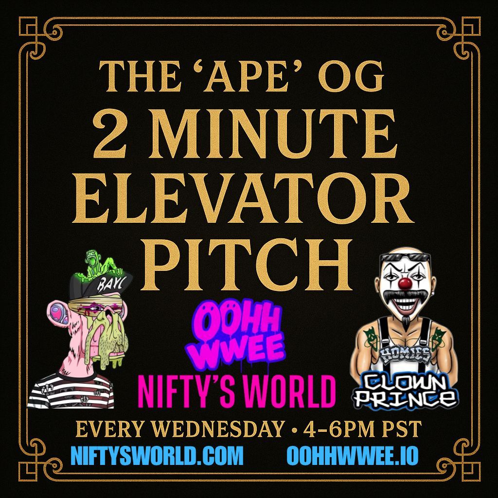 Non-Fungible Art Inc (@nfa_inc) on Twitter photo 🚨 Rebranding Alert | Episode 175 🚨
<a href="/NiftysWorld/">NiftysWorld</a> Vegas x @NFA_inc x @OOHHWWEE Marketplace Present:
The “Ape” OG 2-Minute Elevator Pitch 🦍
🎙 Hosted by:
<a href="/SidneyRichlin/">Nifty Vicious</a> aka Nifty Vicious <a href="/morethenhype/">HYPE 🦍</a> <a href="/TheHomieMrGreen/">🔰𝖒𝖗 𝖌𝖗𝖊𝖊𝖓 ✨𝖙𝖍𝖊 𝖍𝖔𝖒𝖎𝖊✨</a> <a href="/ZinuToken/">𝗭𝗜𝗡𝗨</a>
<a href="/HC_Hogs/">Hostile Crypto Hogz</a> @IncomeIsland @CryptoHomies_ 🚨 Rebranding Alert | Episode 175 🚨
<a href="/NiftysWorld/">NiftysWorld</a> Vegas x @NFA_inc x @OOHHWWEE Marketplace Present:
The “Ape” OG 2-Minute Elevator Pitch 🦍
🎙 Hosted by:
<a href="/SidneyRichlin/">Nifty Vicious</a> aka Nifty Vicious <a href="/morethenhype/">HYPE 🦍</a> <a href="/TheHomieMrGreen/">🔰𝖒𝖗 𝖌𝖗𝖊𝖊𝖓 ✨𝖙𝖍𝖊 𝖍𝖔𝖒𝖎𝖊✨</a> <a href="/ZinuToken/">𝗭𝗜𝗡𝗨</a>
<a href="/HC_Hogs/">Hostile Crypto Hogz</a> @IncomeIsland @CryptoHomies_