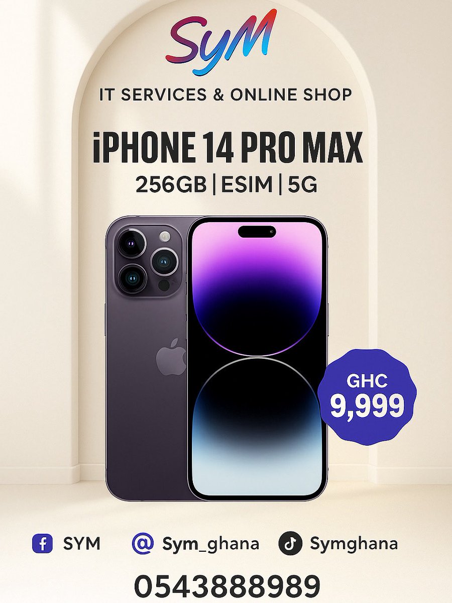 Experience power, speed, and elegance with the iPhone 14 Pro Max – 256GB | eSIM | 5G
Now available at GHC 9,999 only! 

Don’t miss out — limited stock available!
Shop from SYM IT Services &amp; Online Shop
📞 Call or WhatsApp: 0543 888 989