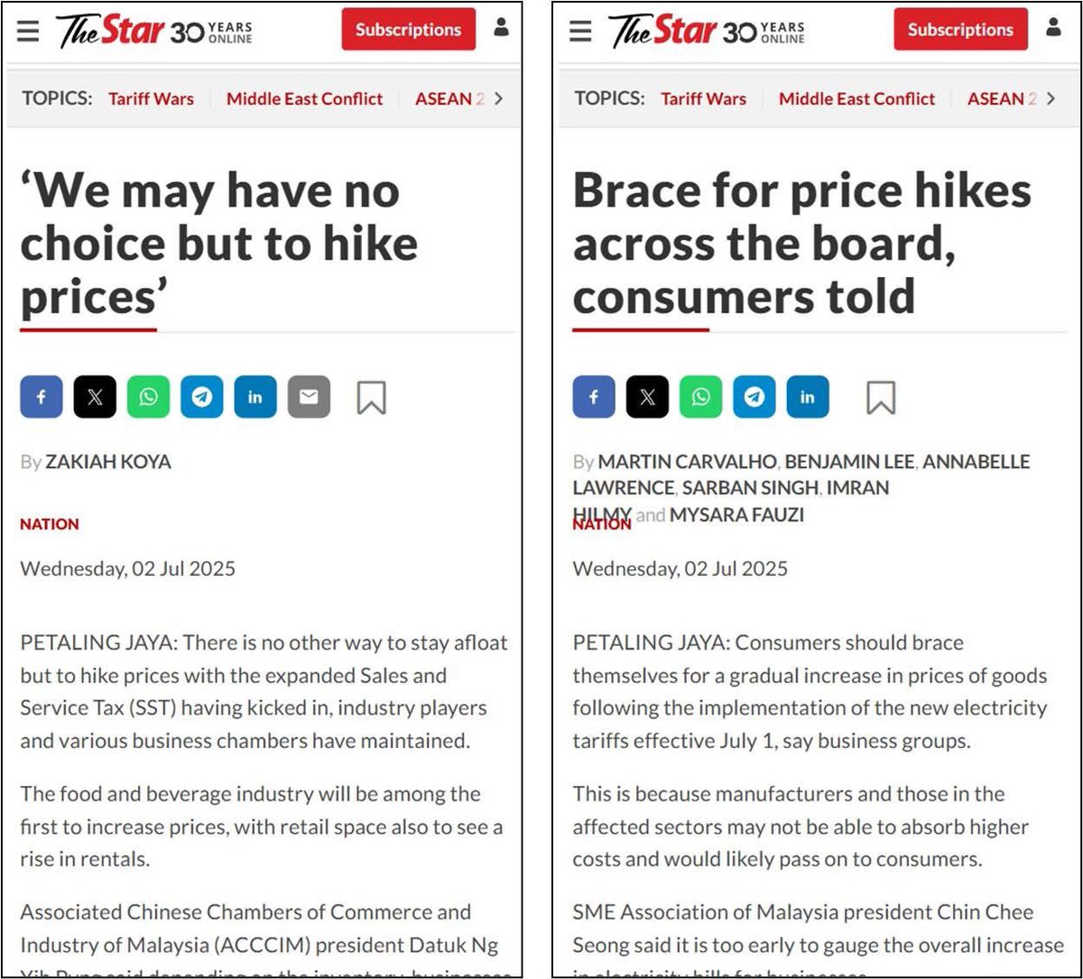 “We have no choice but to hike prices.”
“Consumers told to brace for price hikes.”

Bila semua pihak sudah angkat bendera putih, siapa lagi yang jaga rakyat?

SST, tarif elektrik, sewa kedai, caruman pekerja — semua naik.

Rakyat?
Tak naik gaji, tapi disuruh bersabar.
