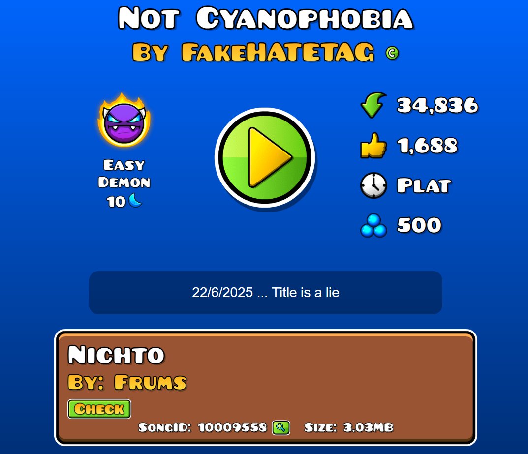 pemonlist's tweet image. 'Not Cyanophobia' by FakeHATETAG becomes the 600th rated platformer demon.