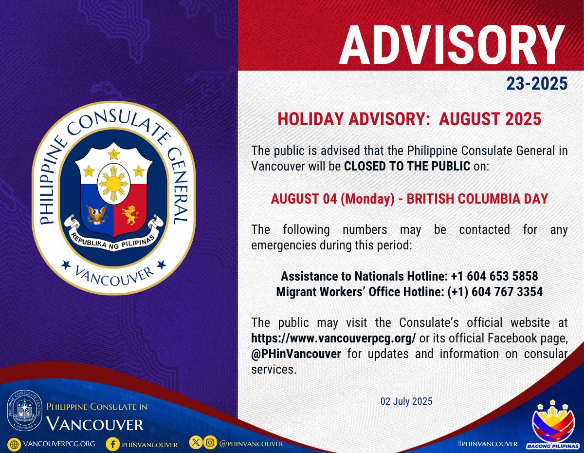 ADVISORY NO. 23-2025:  Holiday advisory for August 2025