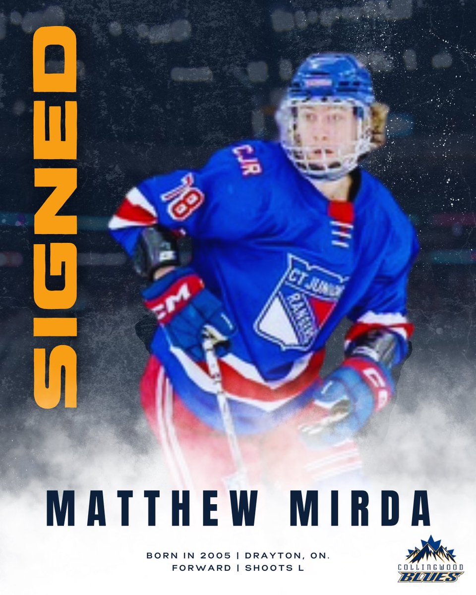 The Collingwood Blues are excited to announce the signing of 2005-born forward Matthew Mirda from the Connecticut Jr. Rangers!

Welcome to Collingwood, Matt! 

#CollingwoodsTeam
#PoweredByNutrafarms
#drivenbymikejacksonGM