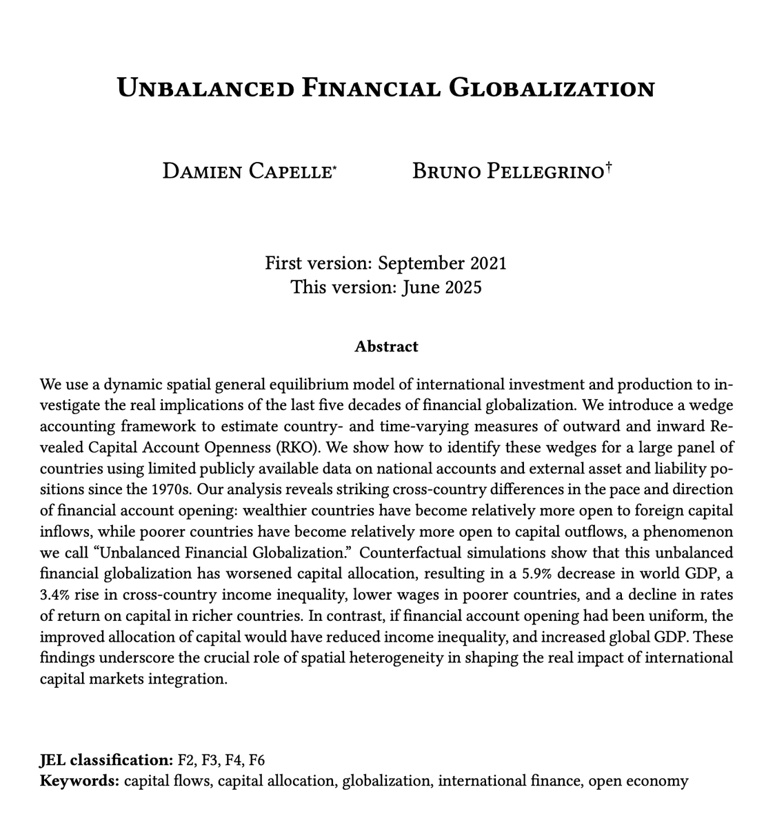 Bruno Pellegrino (@bpellegrino_cbs) on Twitter photo 1)📢 Excited to share a new paper with the awesome <a href="/DamienCapelle/">Damien Capelle</a>
"Unbalanced Financial Globalization"
(available on my website - link in bio)
We explore how uneven capital account opening since the 1970s reshaped global capital allocation, GDP, and inequality. Thread 👇 1)📢 Excited to share a new paper with the awesome <a href="/DamienCapelle/">Damien Capelle</a>
"Unbalanced Financial Globalization"
(available on my website - link in bio)
We explore how uneven capital account opening since the 1970s reshaped global capital allocation, GDP, and inequality. Thread 👇