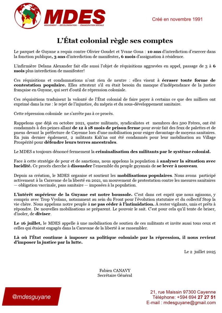 MDES_Guyane's tweet photo. Communiqué MDES réquisitions et condamnations militants guyanais. Mobilisation de soutien pour Goudet, Goua et Alexander le 16 juillet💪🏿🇬🇫 https://t.co/K7z8Gkqnfq