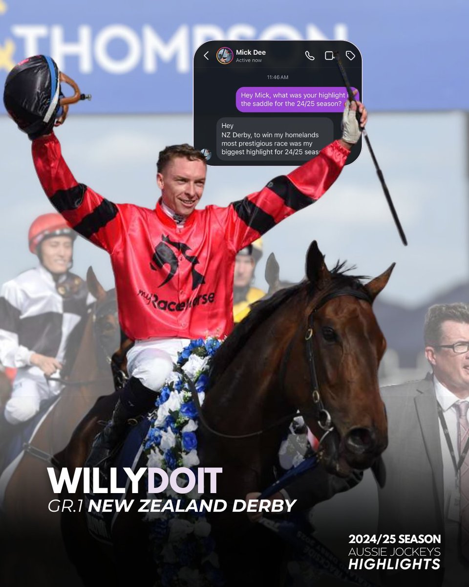 Racing X (@racingx_au) on Twitter photo Mick Dee’s top moment of the 24/25 season? 💥
Taking out the NZ Derby on Willydoit — hometown Group 1, doesn’t get better than that 🇳🇿🔥
<a href="/MyRacehorseAU/">MyRacehorseAU</a> <a href="/LOVERACINGNZ/">LOVERACING.NZ</a> Mick Dee’s top moment of the 24/25 season? 💥
Taking out the NZ Derby on Willydoit — hometown Group 1, doesn’t get better than that 🇳🇿🔥
<a href="/MyRacehorseAU/">MyRacehorseAU</a> <a href="/LOVERACINGNZ/">LOVERACING.NZ</a>
