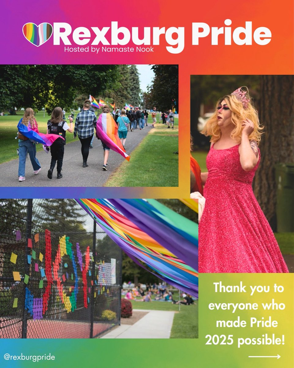 RexburgPride's tweet photo. 🌈 THANK YOU to everyone who made #PrideMonth such a special time! A million thank you’s to everyone who showed solidarity with the whole #LGBTQIAcommunity this June and year-round. A big thank you to everyone who donated to #RexburgPride especially our sponsors: https://t.co/d4ixjiuKI0