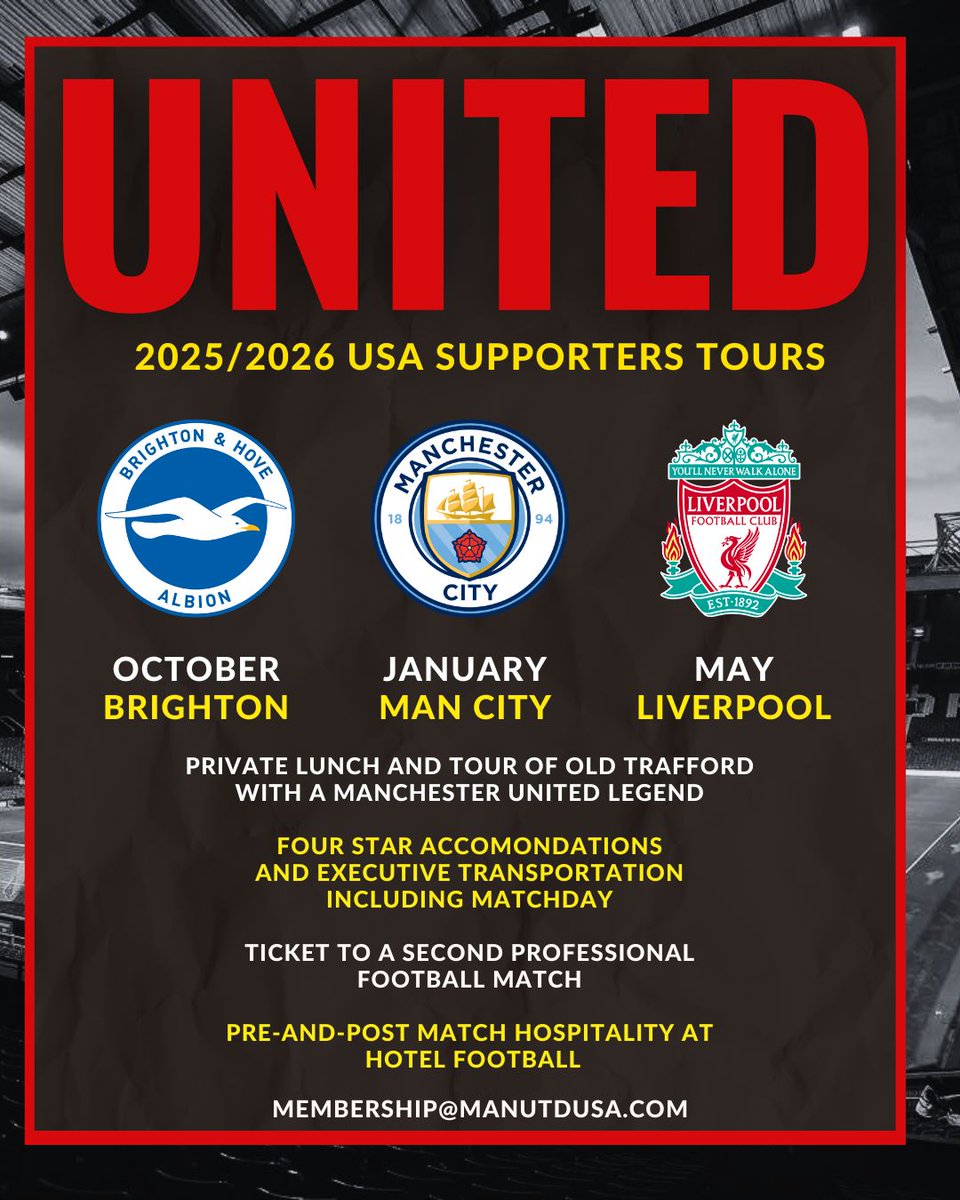 ManUtdUSA's tweet photo. 🇾🇪 USA SUPPORTERS TOURS 2025/26  🇾🇪

All tours Include match tickets, four-star accommodations, @ManUtd legend lunch + grounds tour, pre/post-match hospitality at @hotelfootballuk and another @premierleague match and more!

✈️ Join Us: membership@manutdusa.com https://t.co/rLPjiVswuW