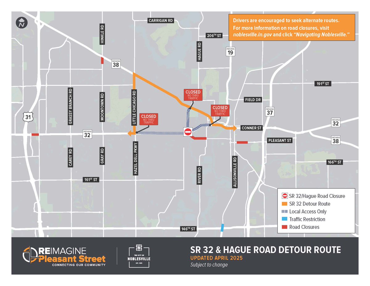 reimagineplsnt's tweet image. As a reminder, SR 32 at the intersection of Hague Road will close on or after July 7. Crews will be constructing a new roundabout for the intersection as part of the Reimagine Pleasant Street project. SR 32 and Hague Road are anticipated to open to traffic in October 2025.
