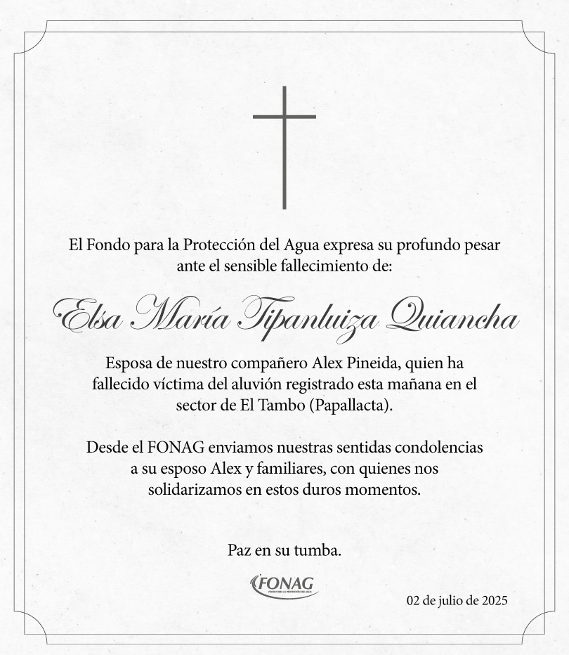 Nota de pesar 🕊️ | Expresamos nuestro sentido pesar ante el fallecimiento de Elsa María Tipanluiza, esposa de nuestro compañero guardapáramo, Alex Pineida. 

Paz en su tumba