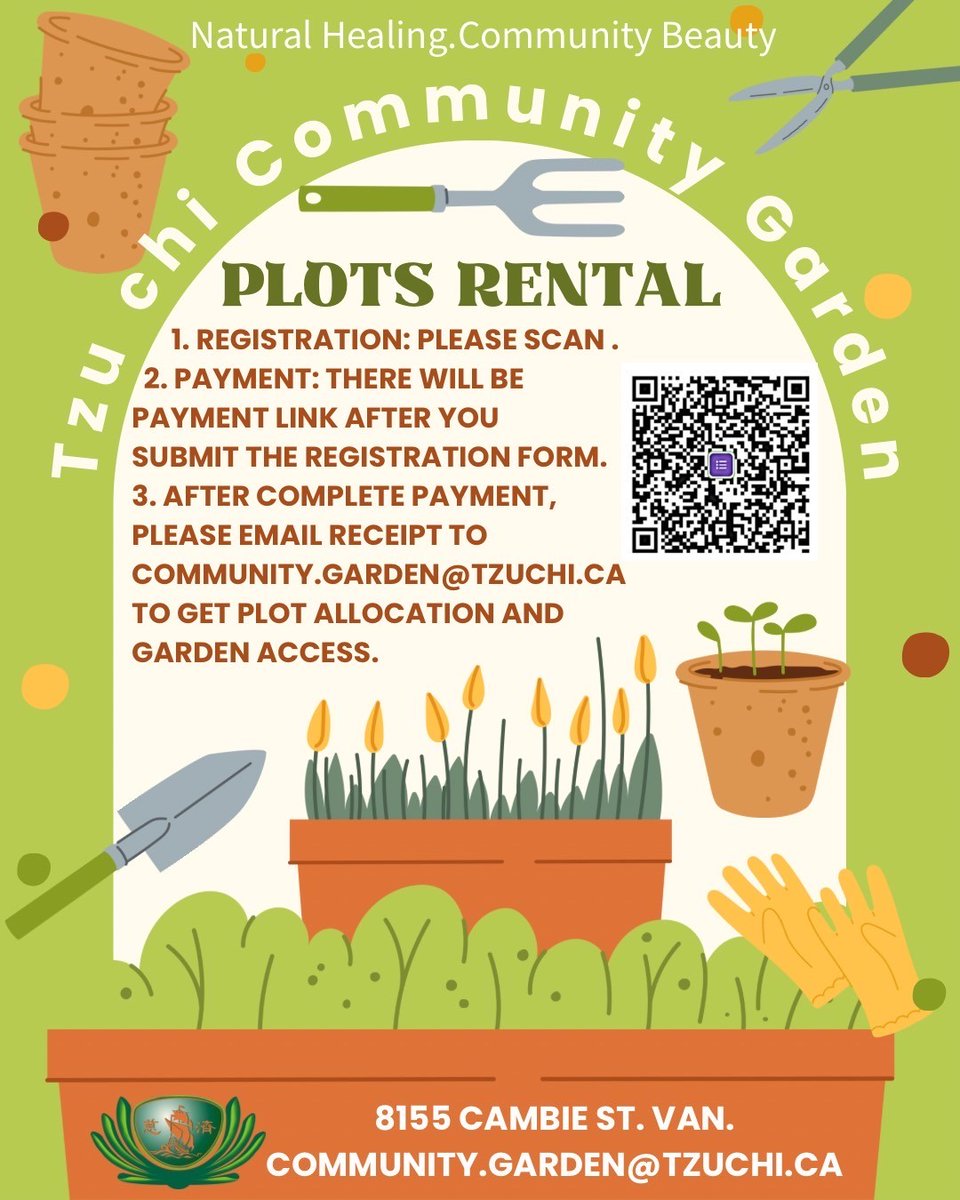 tzuchicanada's tweet photo. zu Chi Foundation Canada has built a 100-bed community garden at the corner of W.65th AVE. &amp; Cambie ST. in Vancouver.  The garden is open to the public to adopt a bed.  For information, please refer to the information poster below. The Foundation will hold a work party on July 5. https://t.co/TecBxQliB0