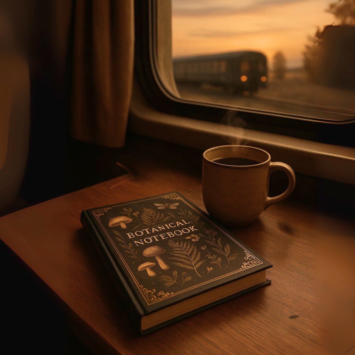 _ThistleMouse's tweet image. Golden hour thoughts… A warm drink, a quiet train, and a notebook filled with mushrooms, musings, and maybe a little magic. 🌅✨

#DarkAcademia #NotebookAesthetic #TrainOfThought #WritersLife #CozyVibes #BotanicalNotebook #StationeryAddict #JournalingJourney #VintageStyle