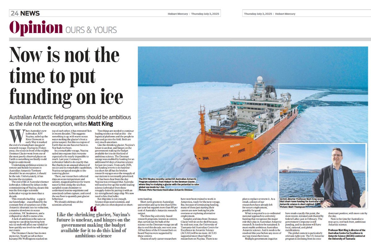 Australian Centre for Antarctic Science (ACEAS) (@antarcticsciaus) on Twitter photo Now is not the time to put funding on ice: Australian Antarctic field programs should be ambitious as the rule not the exception
- <a href="/AntarcticSciAus/">Australian Centre for Antarctic Science (ACEAS)</a> Director Matt King <a href="/DeformedEarth/">Matt King</a> in today's Mercury newspaper ⬇️
themercury.com.au | <a href="/UTAS_/">University of Tasmania</a> | <a href="/IMASUTAS/">IMAS</a> Now is not the time to put funding on ice: Australian Antarctic field programs should be ambitious as the rule not the exception
- <a href="/AntarcticSciAus/">Australian Centre for Antarctic Science (ACEAS)</a> Director Matt King <a href="/DeformedEarth/">Matt King</a> in today's Mercury newspaper ⬇️
themercury.com.au | <a href="/UTAS_/">University of Tasmania</a> | <a href="/IMASUTAS/">IMAS</a>