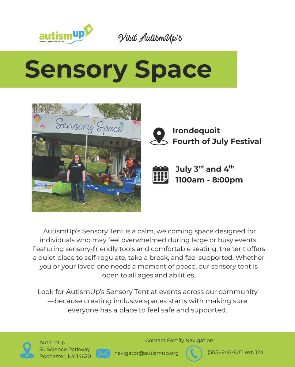 Need a little break in the action? Feel free to visit our brand-new Sensory Space, located near the Gazebo, to help regulate in an environment jam-packed with the many sights, sounds and smells that summer festivals bring! Check out our social story! loom.ly/XXggJ0U