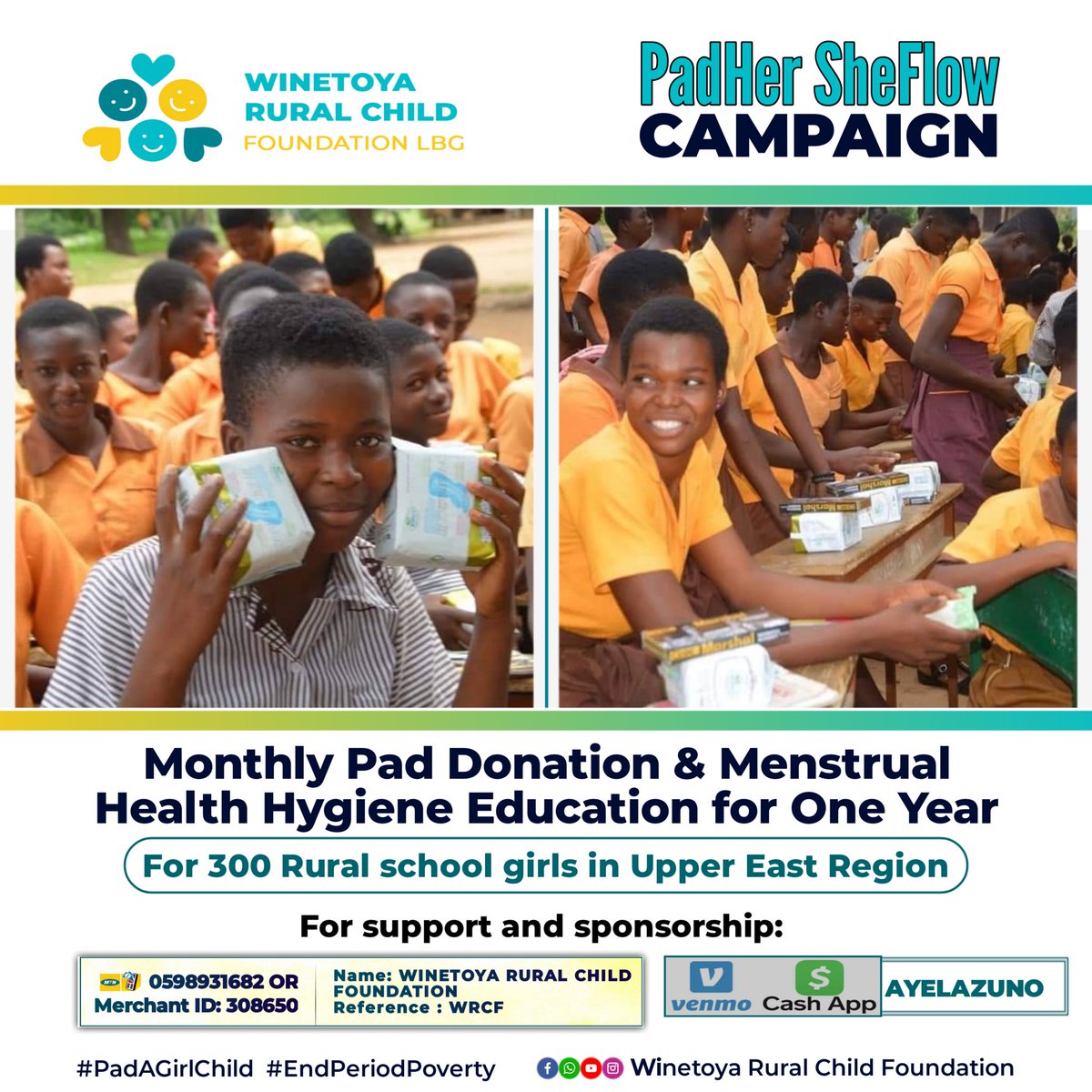 TheRuralChildF1's tweet photo. Empowering rural school girls in Upper East Region with dignity! The Winetoya Rural Child Foundation’s PadHer SheFlow Campaign is delivering pad donations and menstrual hygiene education for a full year. Join us in breaking the cycle of period poverty
#PadAGirlChild #EndPeriodPov https://t.co/g5UTUWDoHz