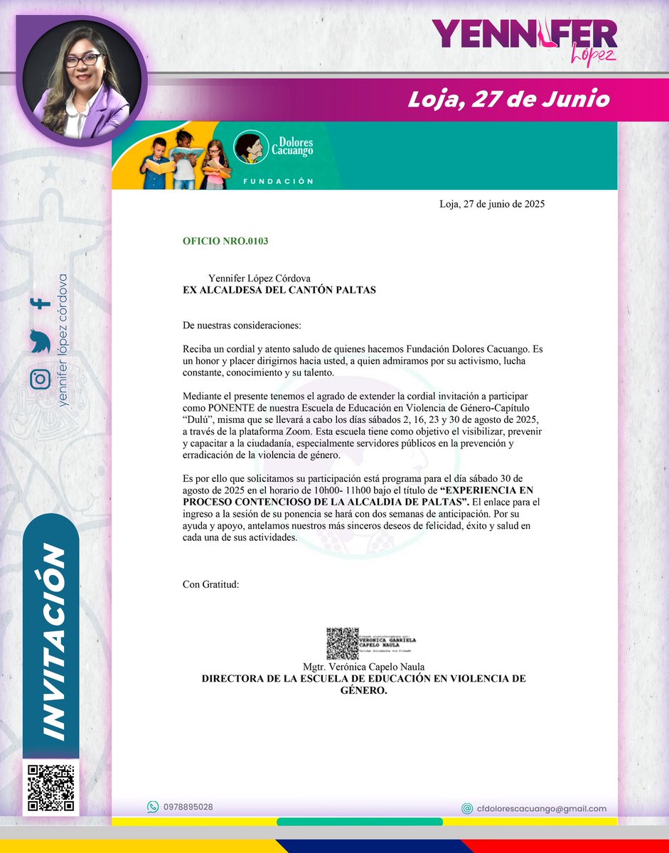 Es un honor poder contribuir a esta importante causa que busca visibilizar y erradicar la violencia de género en nuestra sociedad. 💪✨

¡será una jornada enriquecedora para todos! 🤗💜🇪🇨

#ViolenciaDeGénero #Empoderamiento #Educación #DoloresCacuango🌟