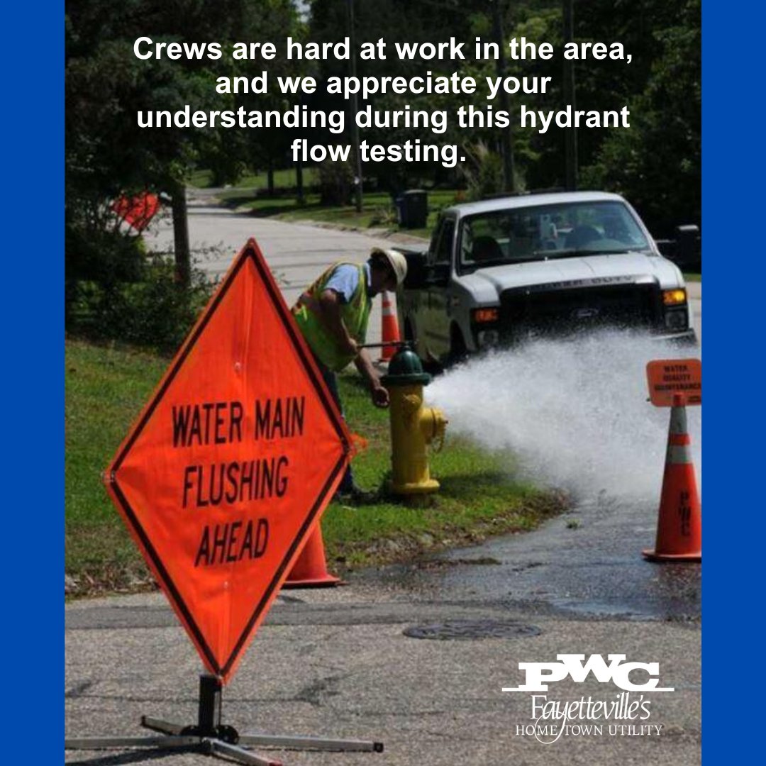 PWC hydrant flow testing tonight and into the early morning hours @:
760 Sand Hill Road: Midnight - 2AM
Blanton Road at Villagio Place: 2AM- 4AM
4407 Distribution Drive: 4AM - 6AM
Crews will clear any water discoloration following the tests. Learn more @ FayPWC.com