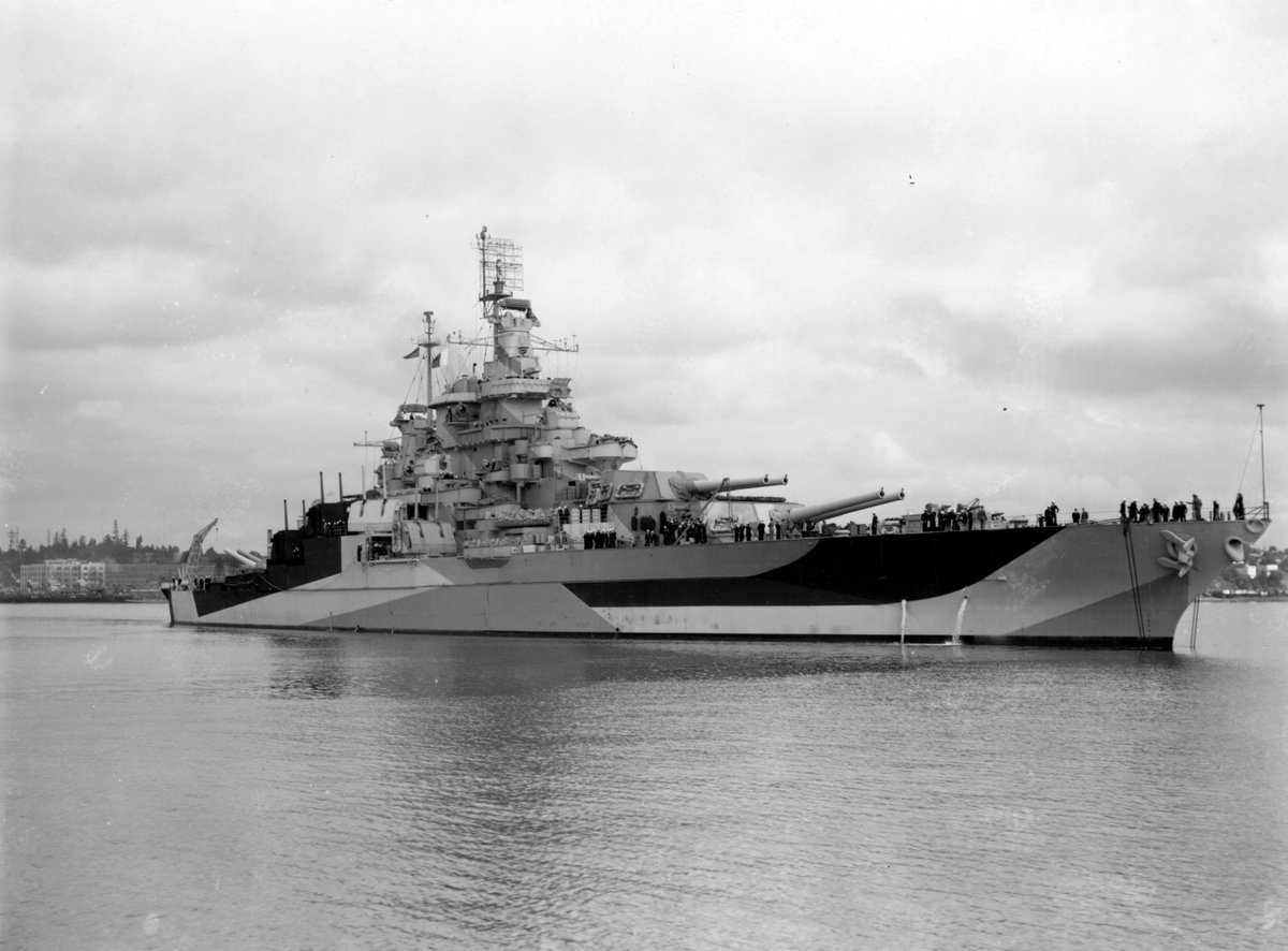 USS West Virginia in Camouflage Measure 32, Design 7D near Puget Sound Navy Yard, Bremerton, Washington, United States, 2 Jul 1944
