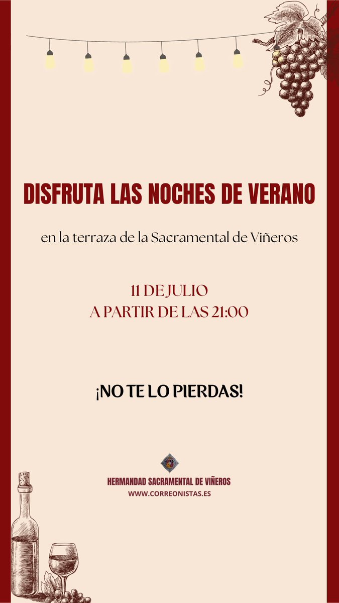 ✨ Disfruta de las noches de verano la terraza de la Sacramental de Viñeros

📅 viernes 11 de julio
⏰ A partir de las 21:00H
📍 Casa Hermandad

#CofradíasMLG
