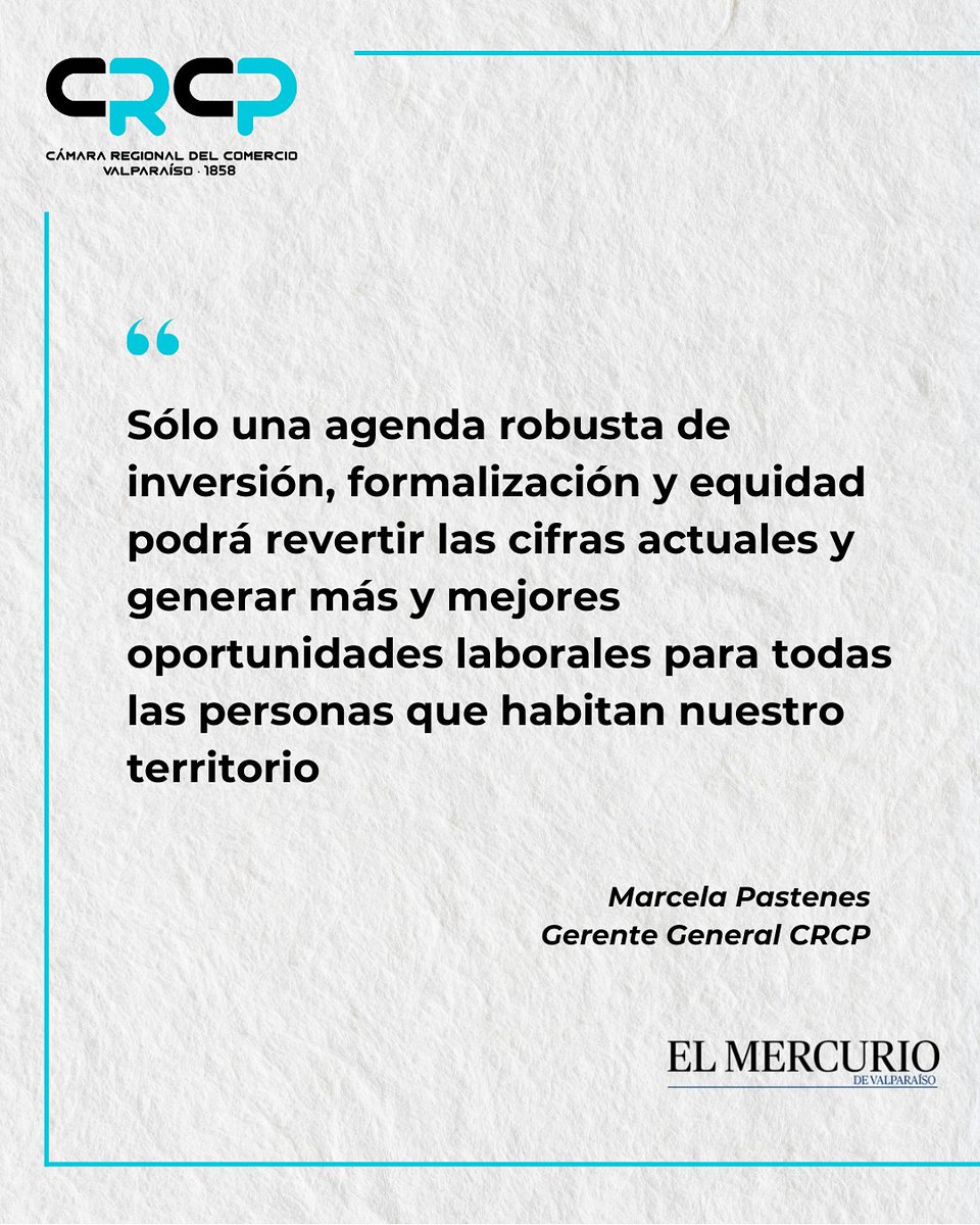 CRCPValpo's tweet photo. [Prensa 🗞️ | El Mercurio de Valparaíso] Desempleo se elevó 1,2% en el último trimestre móvil.

📢 Nuestra gerente general CRCP, Marcela Pastenes, analizó estos datos y destacó que la Región de Valparaíso necesita retomar el crecimiento con urgencia.

#Valparaíso #CRCP https://t.co/g9T6cuMgSi