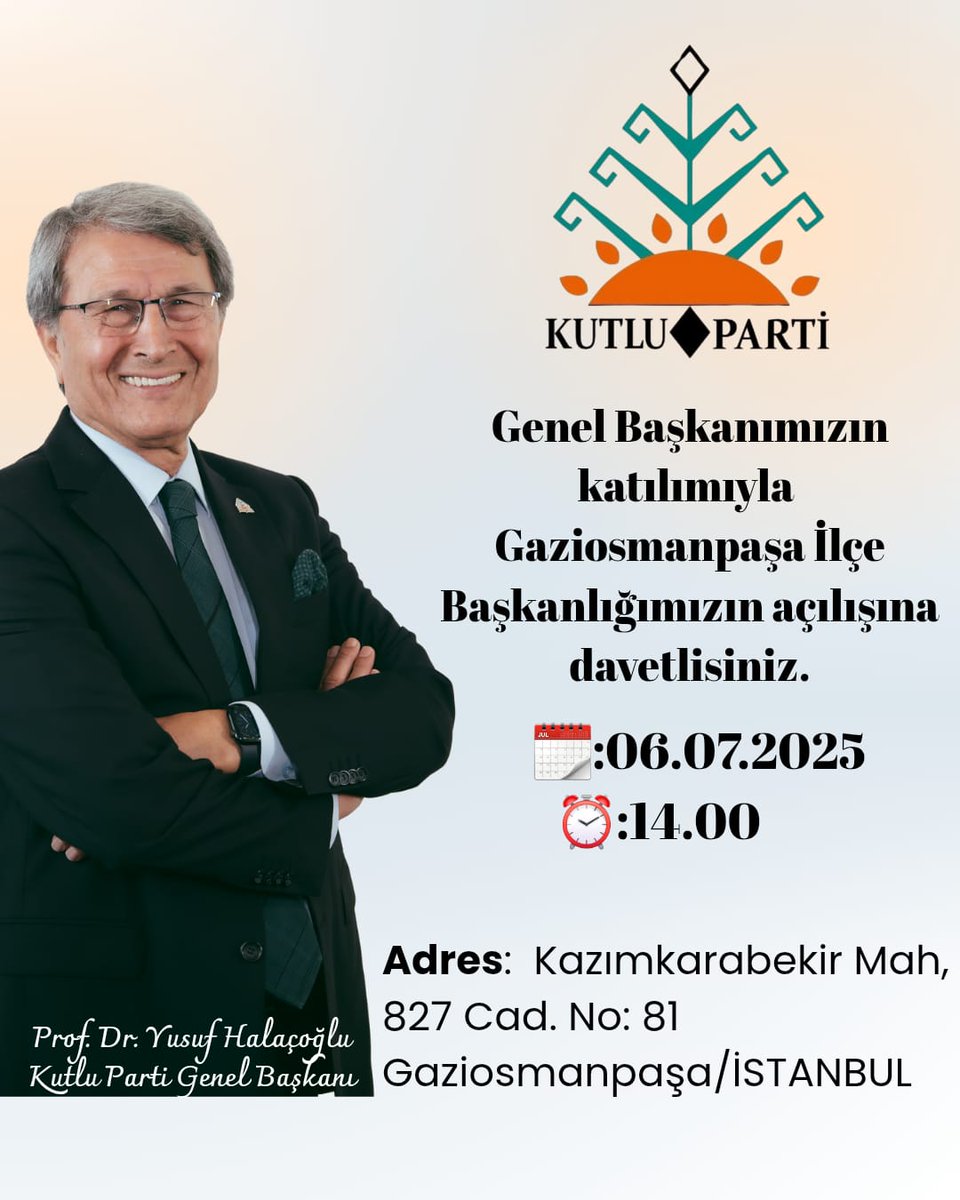 Kutlu Parti (@kutlupartiresmi) on Twitter photo İstanbul Gaziosmanpaşa İlçe Başkanlığımız, Genel Başkanımız Prof.Dr.Yusuf Halaçoğlu'nun katılımıyla 06.07.2025 Pazar günü saat 14.00'de açılıyor.
Tüm vatandaşlarımız davetlidir.
<a href="/yusufhalacoglu/">Yusuf Halaçoğlu</a>
#KUTLUPARTİ İstanbul Gaziosmanpaşa İlçe Başkanlığımız, Genel Başkanımız Prof.Dr.Yusuf Halaçoğlu'nun katılımıyla 06.07.2025 Pazar günü saat 14.00'de açılıyor.
Tüm vatandaşlarımız davetlidir.
<a href="/yusufhalacoglu/">Yusuf Halaçoğlu</a>
#KUTLUPARTİ