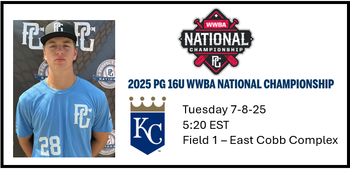 WyattLibbert's tweet image. Back in Atlanta next week with @RoyalsScoutTeam for the @PerfectGameUSA 16U WWBA National Championship. Action starts Sunday, I have the start on Tuesday.
ποΈ Tuesday 7-8-25
β° 5:20 EST
π East Cobb Complex - Field #1