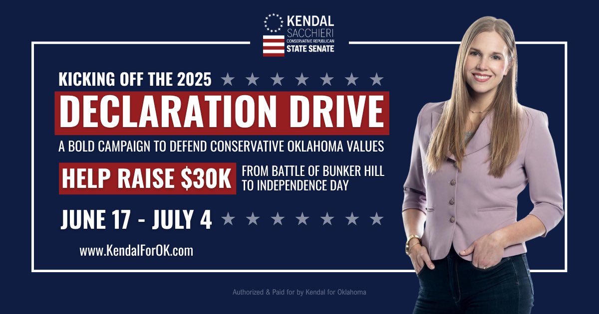 KendalforOK's tweet image. We are winding down on my Declaration Drive fundraiser. 🇺🇸It would be an honor to have you backing me as I push for liberty at the Capitol. If you can, please stake your investment in my campaign now with $25, $50 or the favorite - $17.76. Donate here ➡️ secure.anedot.com/kendal-for-okl…