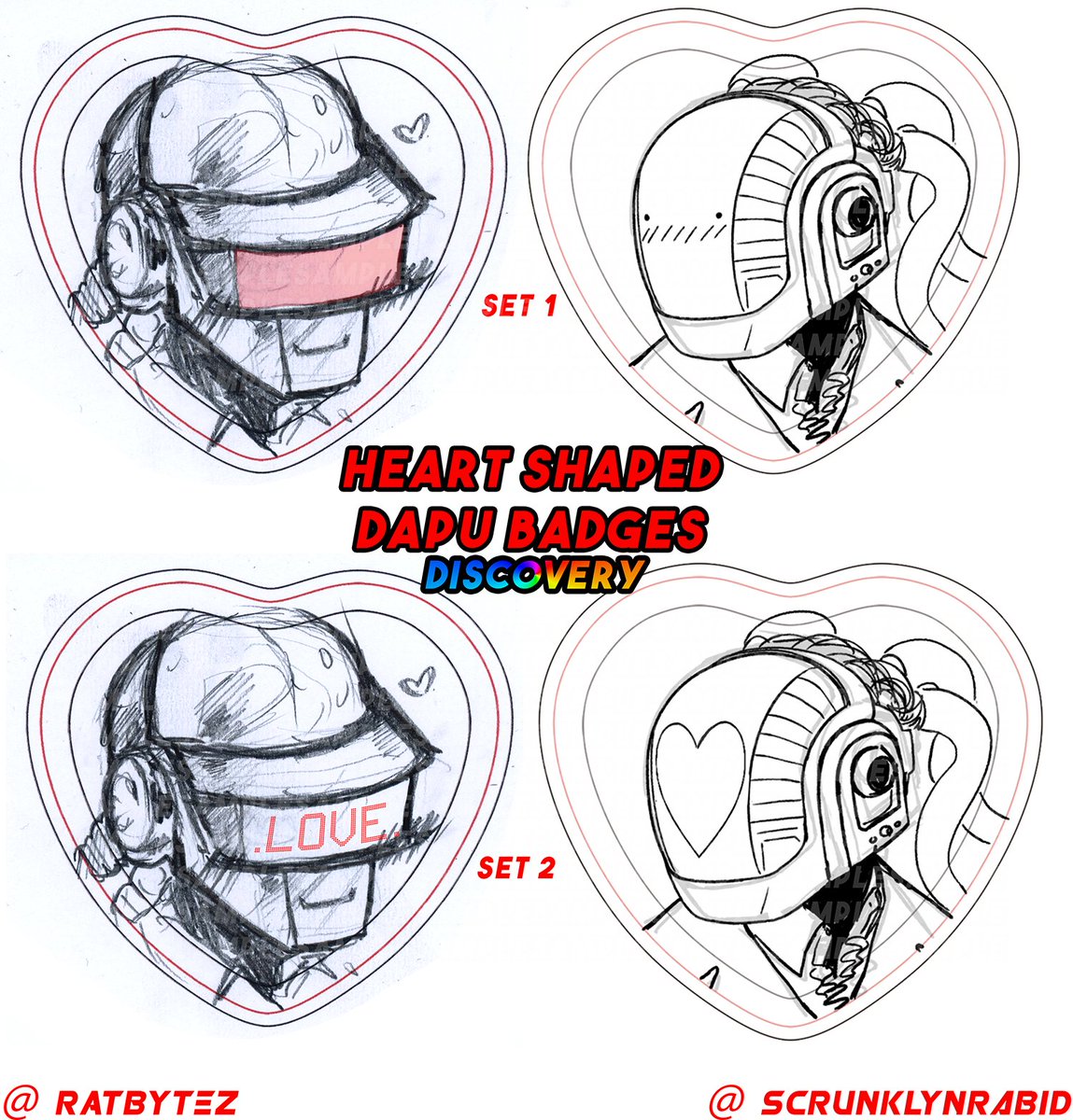 RATBYTEZ's tweet image. myself and @scrunklynrabid are planning on doing a dapu merchandise collab together !
this is the first taste of merch out of around 10+ items !
(badges, charms, stickers)
merchandise will include multiple eras (homework/HAA/RAM, etc)
will be sold via etsy
#daftpunk