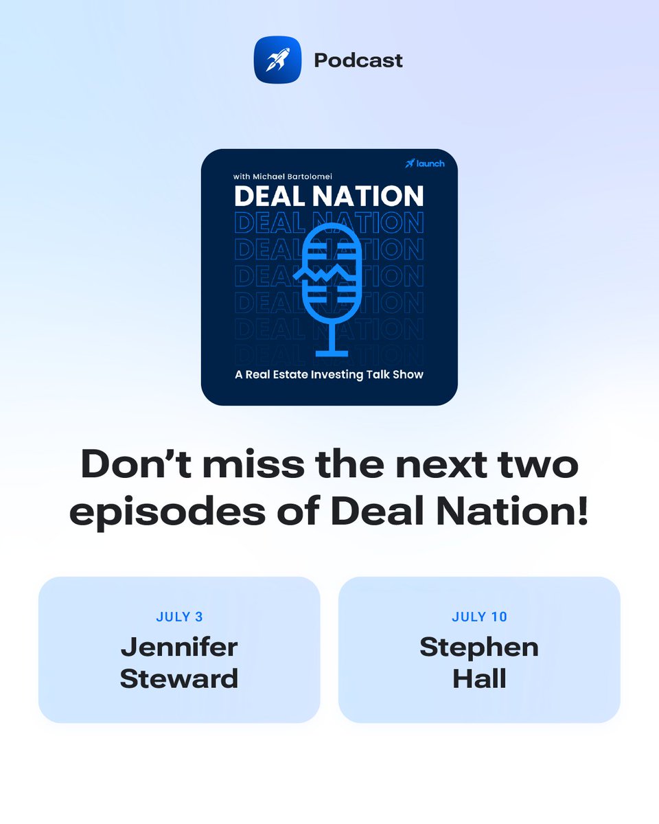 Launch_SMS's tweet photo. ATTENTION: Two fresh Deal Nation podcast drops are heading your way! 🚨

📅 July 3 – Jennifer Steward of REI Data Source to unveil what you've been missing in ramping up your REI potential
📅 July 10– Stephan Hall, owner of Robert Hall & Associates, an accounting firm specializing in taxation for the real estate ecosystem.

Why listen?
🔍 Learn how to win and seal the deal
🛠️ Get consistent on your approach to challenges
⚡ Uncover tax strategies that maximize your growth

🎧 Subscribe & tune in: https://t.co/ksu1Qb9doP

#DealNation #LaunchControl #RealEstateInvesting #WholesaleRealEstate #SalesStrategy #Podcast