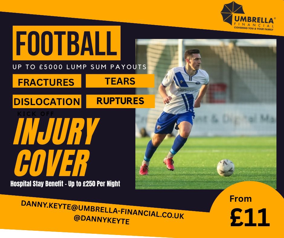 Pre season games are back!!!

Make sure you’re financially covered if the worst was to happen

Lump sum payouts for 

🔸Fractures 
🔸Tears
🔸Dislocations
🔸Ruptures

Get in touch!!! 

📱 - 07792 213401 
📧 - Danny.keyte@umbrella-financial.co.uk
💬 - DM 

#InjuryCover #Insurance