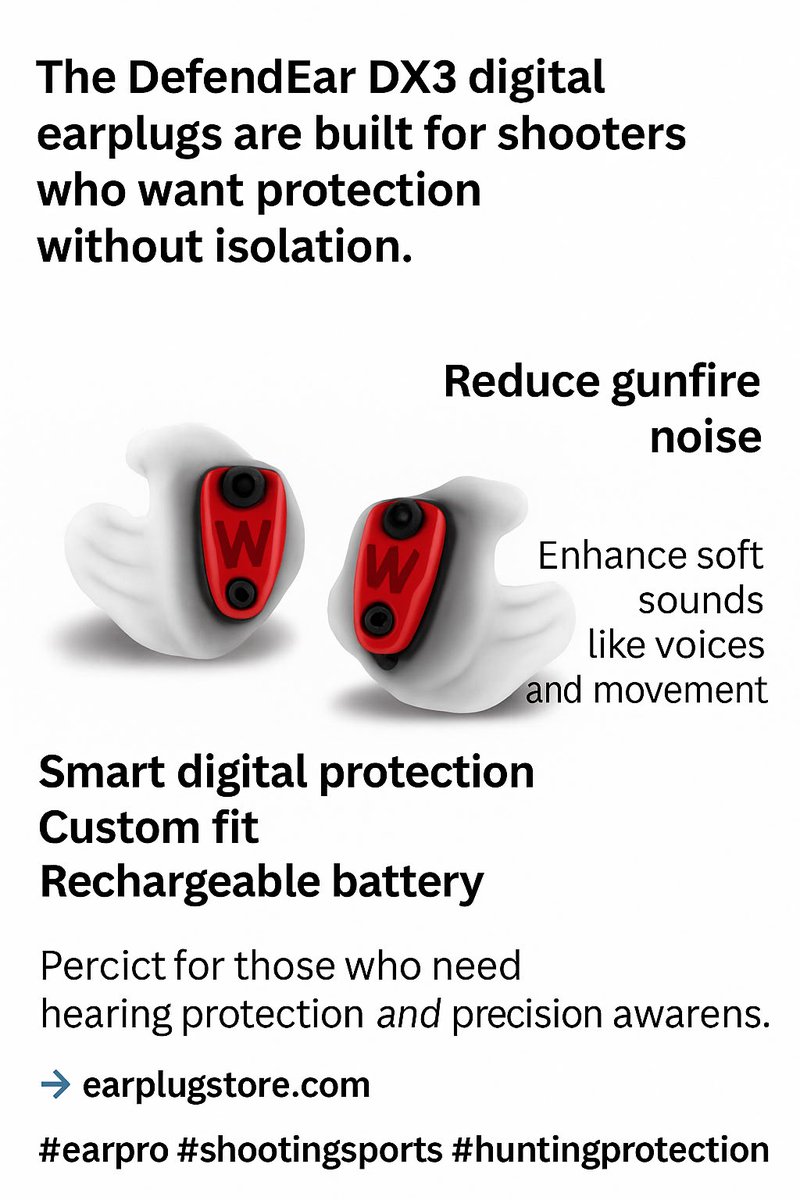 Hunters, tactical shooters &amp; competitors—upgrade your edge. 🎯🔊
The DefendEar DX3 digitally suppresses gunfire while enhancing soft sounds like voices and movement in the field.
🎧 Smart digital protection
✅ Custom fit
✅ Rechargeable battery
Perfect for those who need hearing