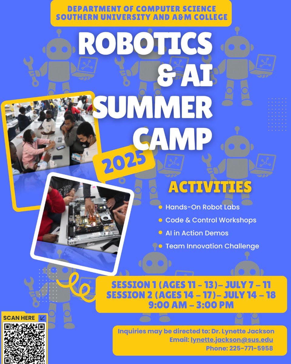 SouthernU_BR's tweet image. Hey, Jags!
Southern University's Department of Computer Science is hosting a free Robotics and AI Camp for middle and high school students, starting next week! Limited spaces remain ahead of session two.
To learn more, visit bit.ly/3TUl4t4
#WeAreSouthern #HBCU