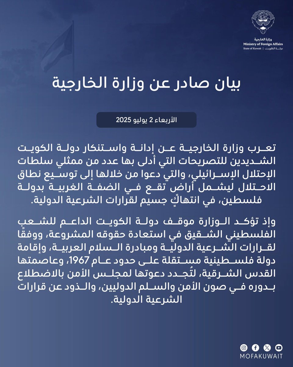 بيان صادر عن وزارة الخارجية
الأربعاء 2 يوليو 2025

تعرب وزارة الخارجية عن إدانة واستنكار دولة الكويت الشديدين للتصريحات التي أدلى بها عدد من ممثلي سلطات الإحتلال الإسرائيلي، والتي دعوا من خلالها إلى توسيع نطاق الاحتلال ليشمل أراضٍ تقع في الضفة الغربية بدولة فلسطين، في انتهاكٍ