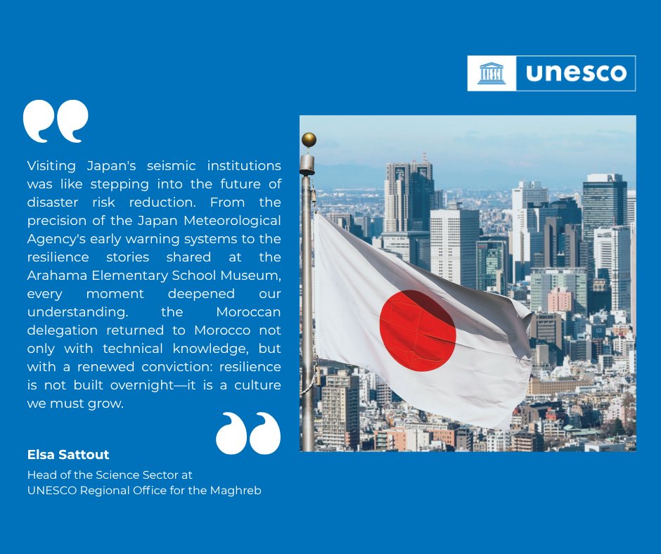 UNESCO Maghreb (@unesco_maghreb) on Twitter photo Inside Japan’s seismic institutions 🇯🇵, the Moroccan delegation discovered more than technology - they witnessed a culture of resilience built over time.
An inspiring lesson to help grow a more prepared society in #Morocco.
#SMoRE #UNESCOxPartners <a href="/JaponauMaroc/">Ambassade du Japon au Maroc/ 在モロッコ日本国大使館</a> Inside Japan’s seismic institutions 🇯🇵, the Moroccan delegation discovered more than technology - they witnessed a culture of resilience built over time.
An inspiring lesson to help grow a more prepared society in #Morocco.
#SMoRE #UNESCOxPartners <a href="/JaponauMaroc/">Ambassade du Japon au Maroc/ 在モロッコ日本国大使館</a>