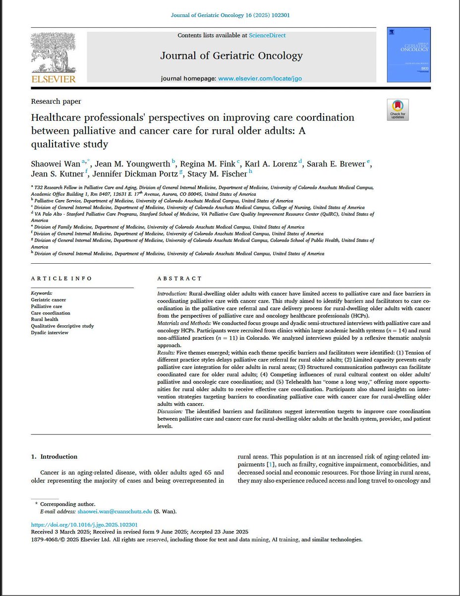 Shaowei Wan, PhD, MS, MA, BPharm (@shaoweiwanphd) on Twitter photo Published today <a href="/JGeriOnc/">Journal of Geriatric Oncology</a> ! 🎉
Rural older adults with cancer face unique barriers to palliative-oncology care:
🩺 Practice tensions delay referrals
⏳ Capacity limits early integration
📞 Communication tools + coordinators help
🌄 Rural culture's competing influence
💻 Published today <a href="/JGeriOnc/">Journal of Geriatric Oncology</a> ! 🎉
Rural older adults with cancer face unique barriers to palliative-oncology care:
🩺 Practice tensions delay referrals
⏳ Capacity limits early integration
📞 Communication tools + coordinators help
🌄 Rural culture's competing influence
💻