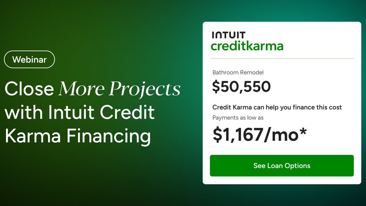 💸 New from Houzz Pro: Offer built-in financing with Intuit Credit Karma!
Join our July 9 webinar (10 a.m. PDT) to learn how this tool can help you win bigger projects &amp; ease client budget stress.
RSVP now 👉bit.ly/44DrPFR 
#HouzzPro #Contractors #HomeRenovation #Webinar
